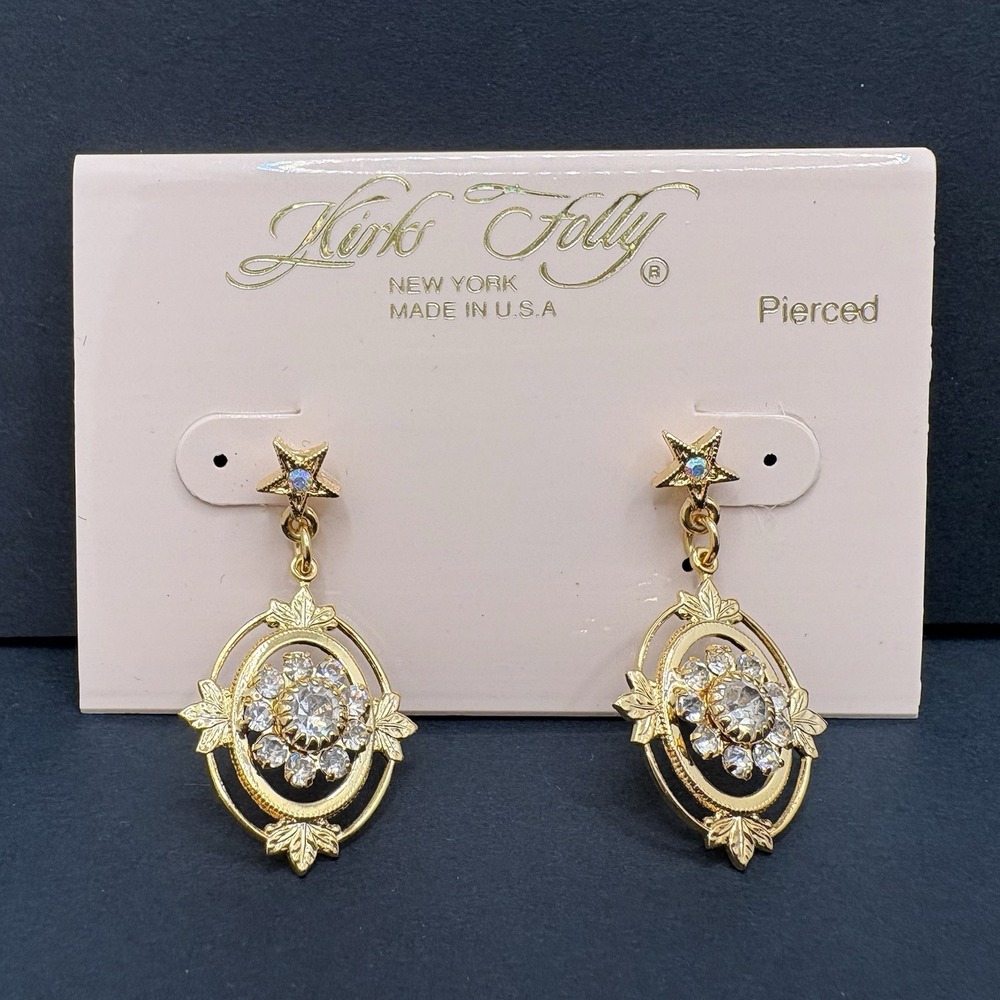 Kirks Folly Floral Star Earrings Pavé Crystal Gold Tone Pierced Dangle w/ Card
